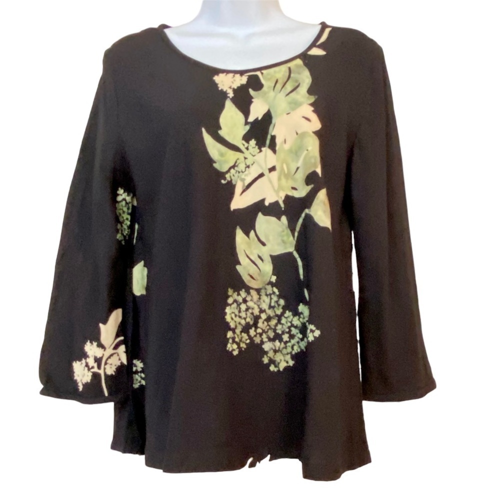 Bamboo Forest Black Floral Rayon Blouse Top Medium